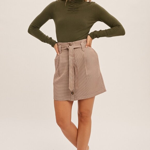 HEM & THREAD Taupe Plaid Belted Mini Skirt, High Waist Button-Front Skirt - Picture 5 of 5